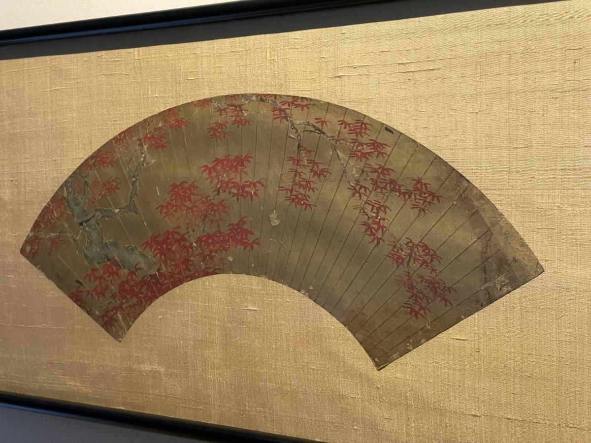 扇面画 額縁入り 時代物 古美術 骨董品 金属工芸 扇面 鳳凰