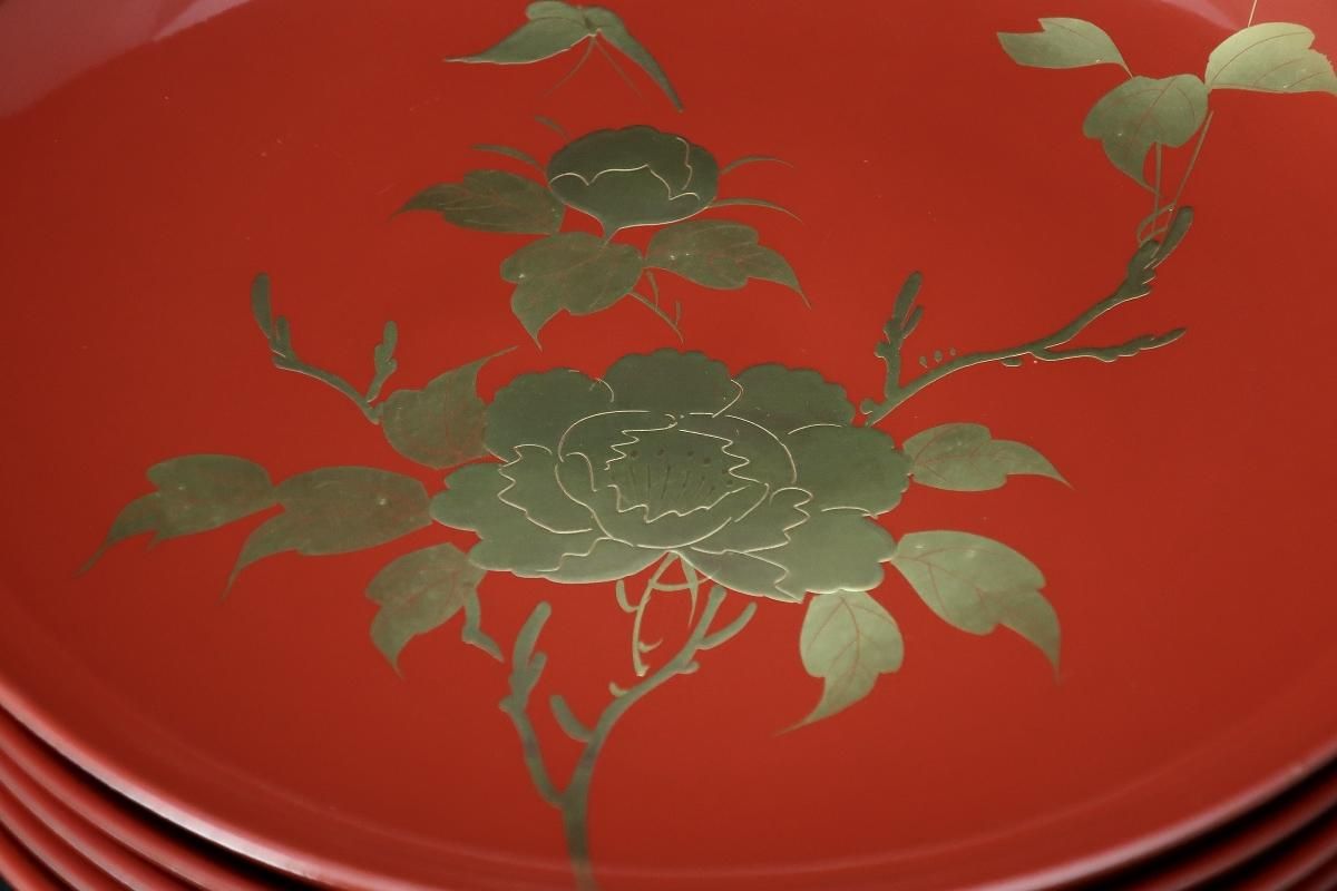 朱塗蒔絵花模様木皿10枚 [B25358] 天然木製漆塗 輪島塗 朱塗り