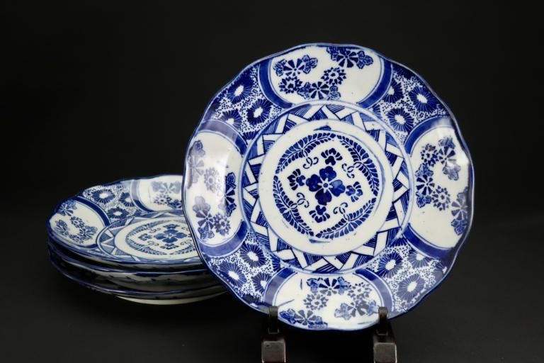 伊万里 海辺の舟 染付 中皿 5枚 [B31367] 伊万里 海辺の舟 染