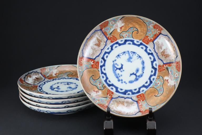 古伊万里 金彩色絵 花草雲鶴文中鉢10客セット 直径約17.5cm 古伊万里