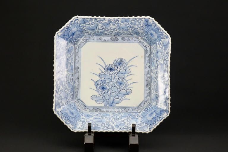 古伊万里 呉須染付青磁 深鉢 輪花赤縁 口太 高台 立割菊花図 江戸後期