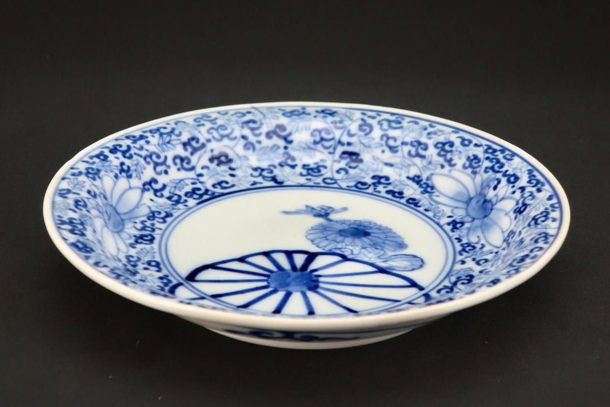 大聖寺伊万里 染錦 波千鳥に菊 花唐草の図 長皿 B288AS-CRn