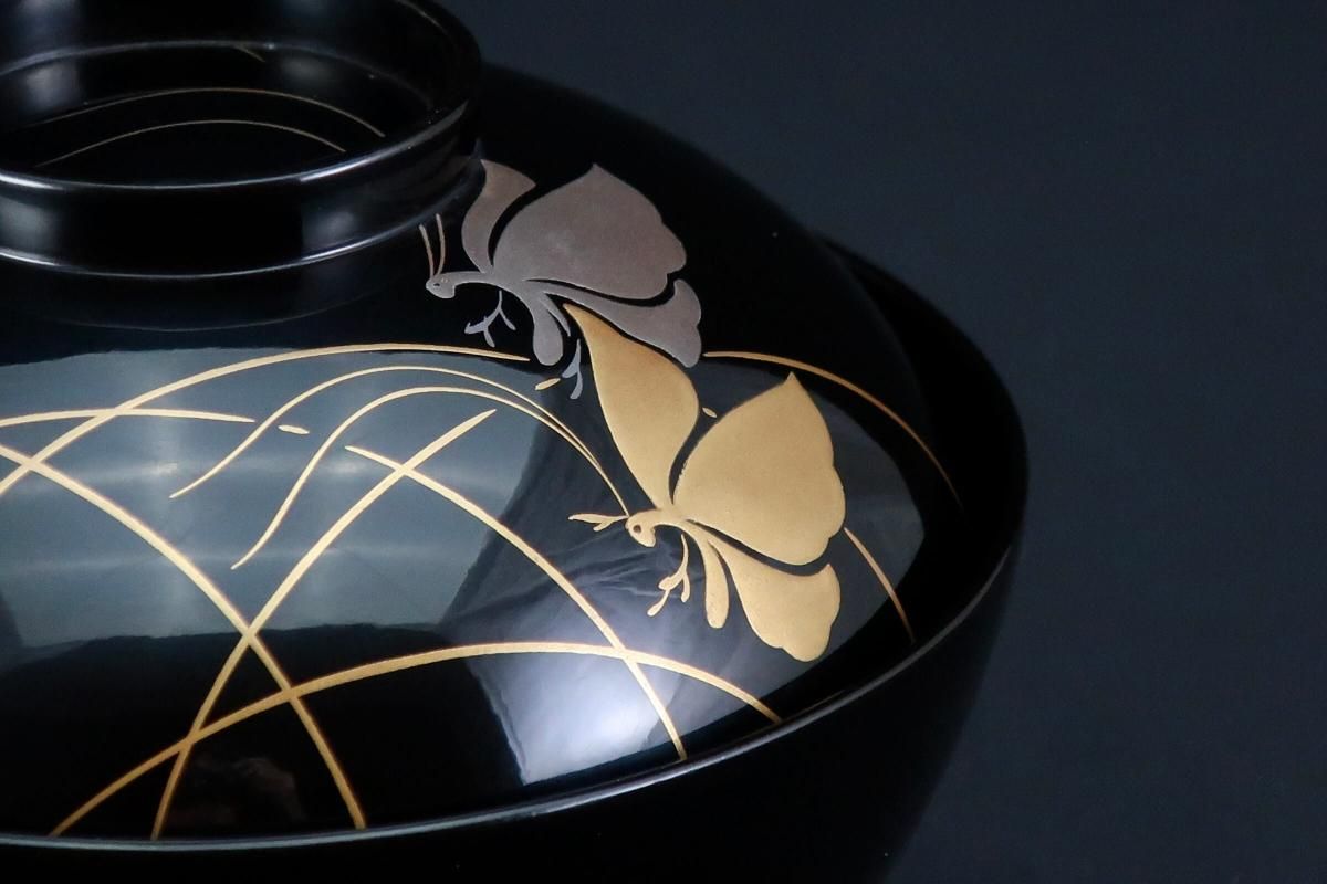 BJ013 最高級輪島塗 絵違鳥図蒔絵 吸物椀 五客 高盛 切金 細密 木製 ③