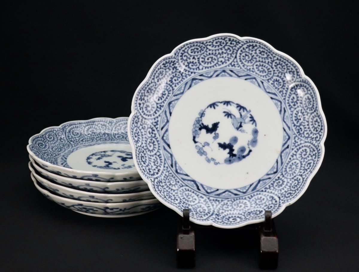 伊万里染付蛸唐草文七寸皿 五枚組 / Imari Blue & White Plates with