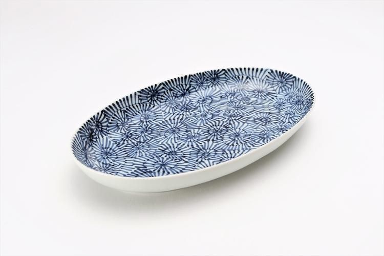 変形皿 楕円 染付 5枚 銘 花唐草 花弁縁 美品 薄造 変形皿 楕円 染付 5