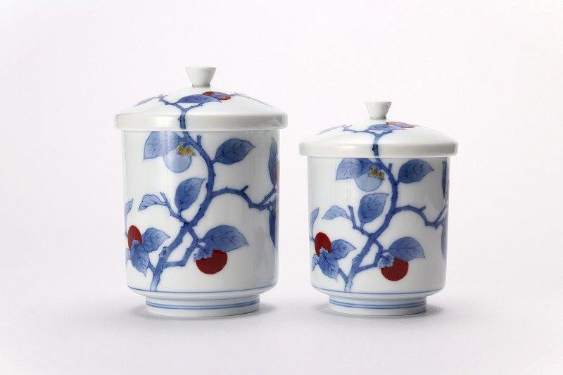 13代柿右衛門 青い花と赤い実の湯飲み 5個セット 13代柿右衛門 青い花