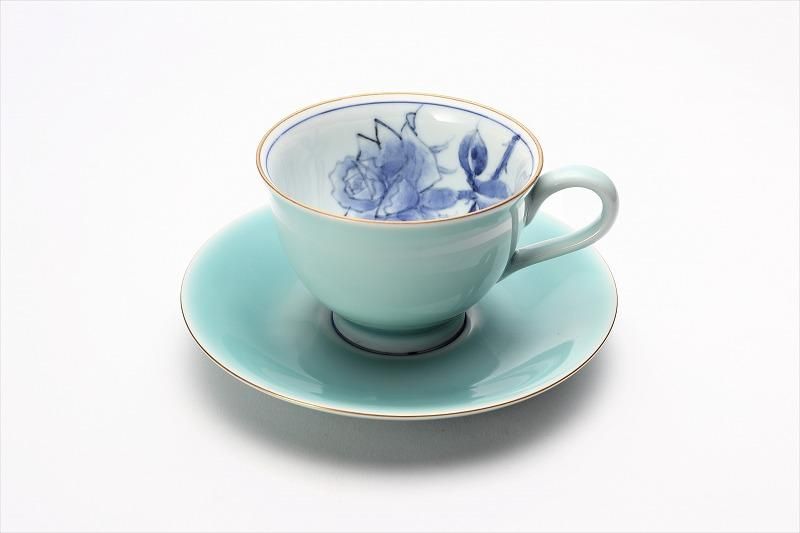 三宅製陶所 青磁染付バラ絵 コーヒーC/S
