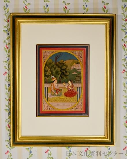 ヴィンテージ インド 古い細密画 書き込みの良し額42×33絵22.5×13cm