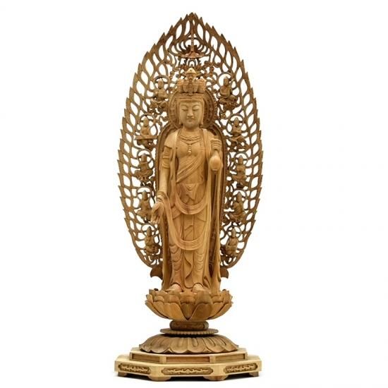 十一面観音菩薩立像】 飛天光背八角台 楠木 立1.0尺 総高60cm - 【海宇