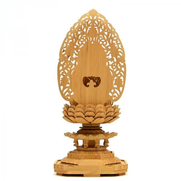 宗派仏像 【釈迦如来】 唐草光背八角台 肖楠木 眼入切金 坐2.5寸 総高