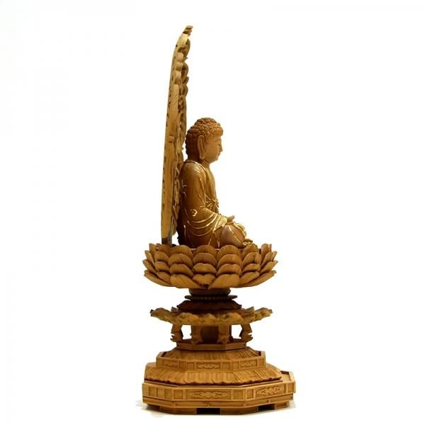 宗派仏像 【釈迦如来】 唐草光背八角台 肖楠木 眼入切金 坐2.5寸 総高