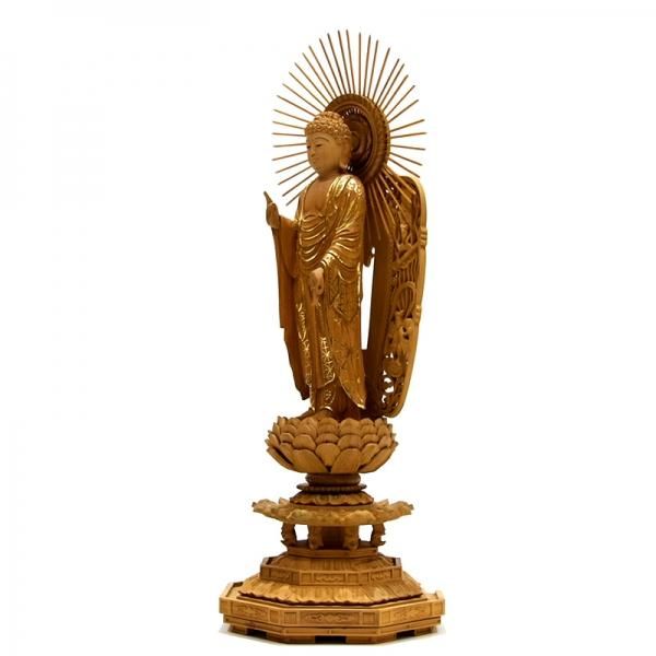 西型阿弥陀如来】 飛天放射光背八角台 肖楠木 眼入切金 立5.0寸 総高