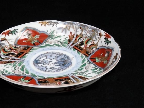 古伊万里 金襴手 五艘船に南蛮人図 6寸皿