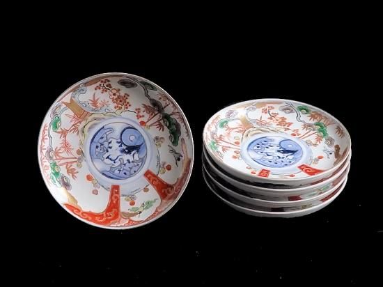 古伊万里色絵松竹梅に団龍紋の図5寸皿5枚C657AS-CQk