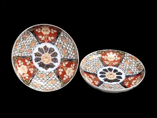 古伊万里色絵金襴手松竹梅鶴輪花七寸皿5枚21.5㎝窓絵帆舟