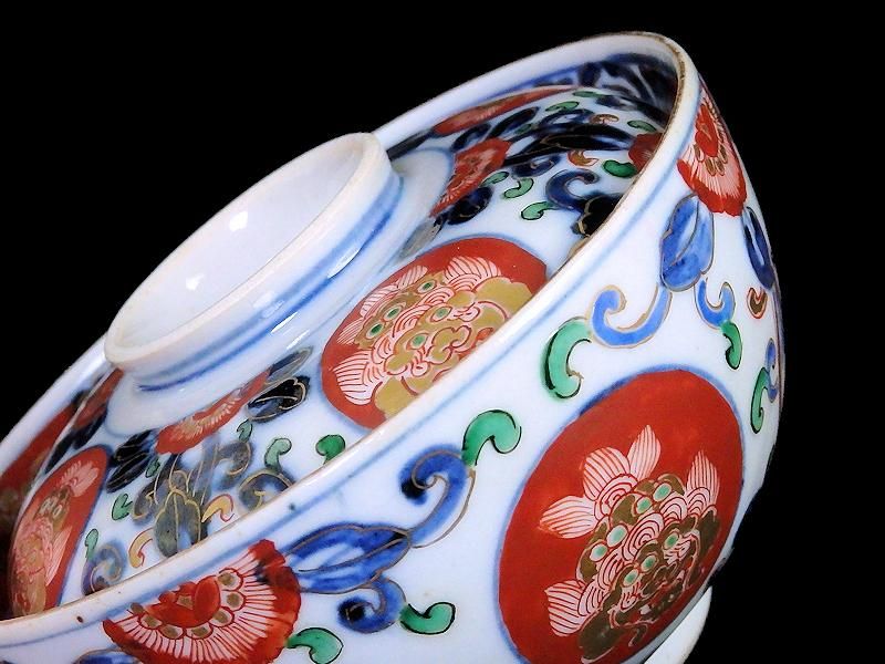 大聖寺伊万里 染錦 赤玉に獅子 瓔珞紋の図 蓋茶碗 2客 D768AS-fbmh