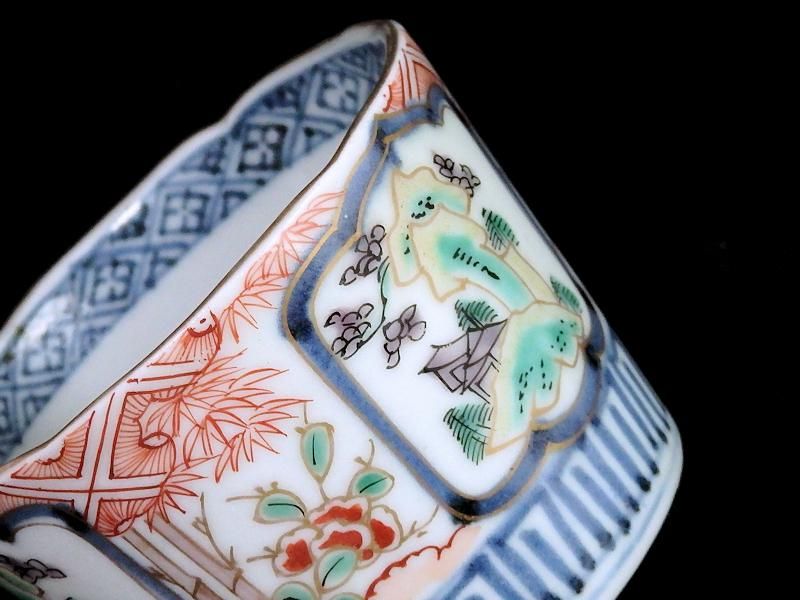 古伊万里 色絵 窓絵 岩に東屋 笹に花の図 蕎麦猪口 351AS-