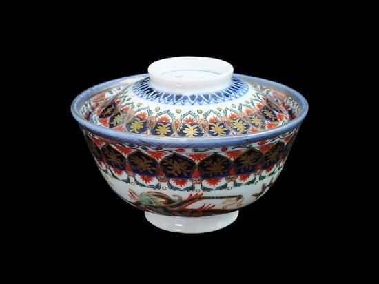 古伊万里手描き江戸期江戸時代幕末骨董品龍の図蓋付き飯碗5客
