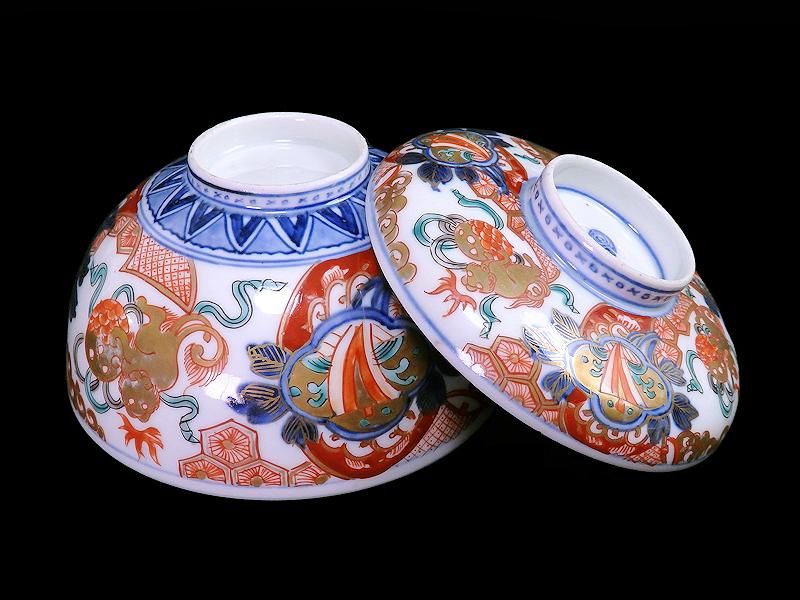 古伊万里 金襴手 玉乗り獅子に宝珠図 大振蓋茶碗