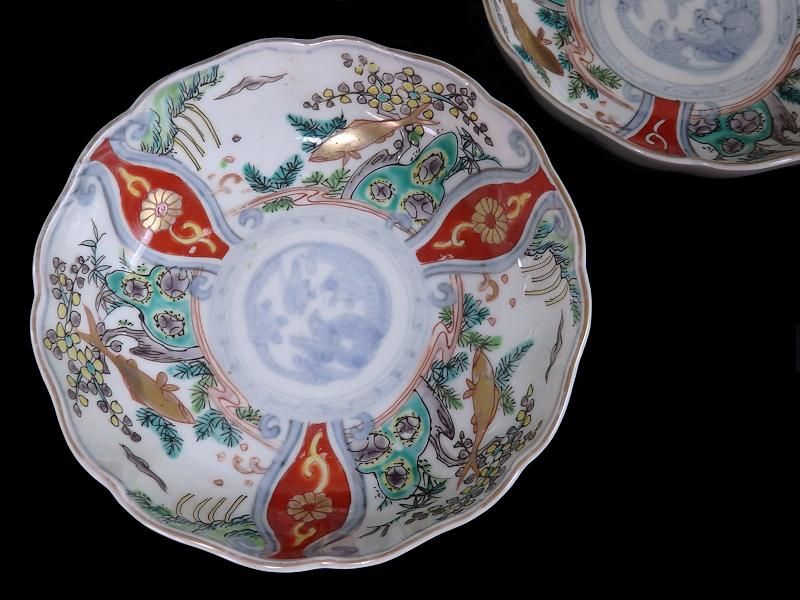 古伊万里 色絵 鯉に花 団龍紋図 膾皿 2枚セット
