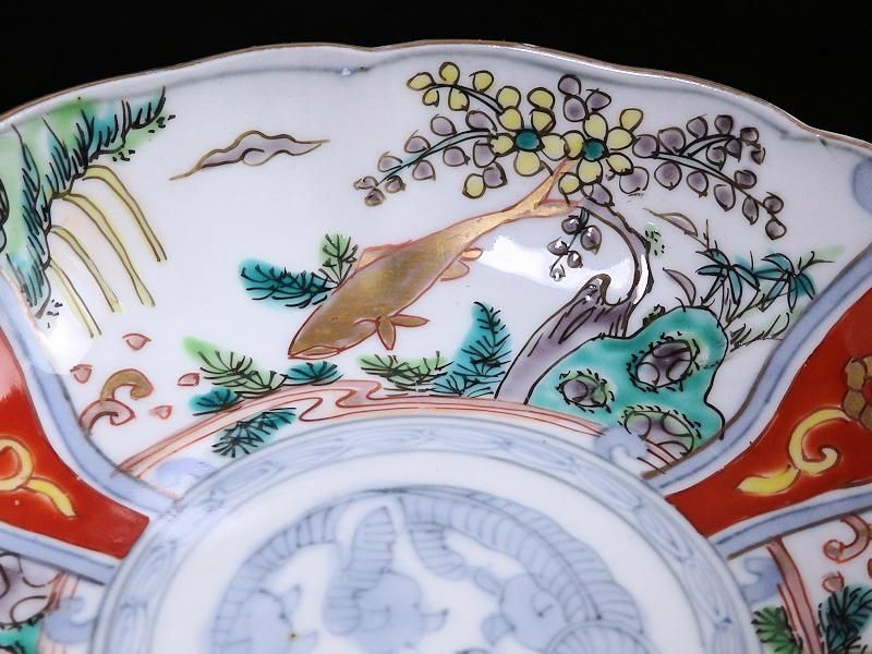 古伊万里 色絵 団龍紋に牡丹の図 5寸皿 5枚 D466AS-fbtk 古伊万里 色絵