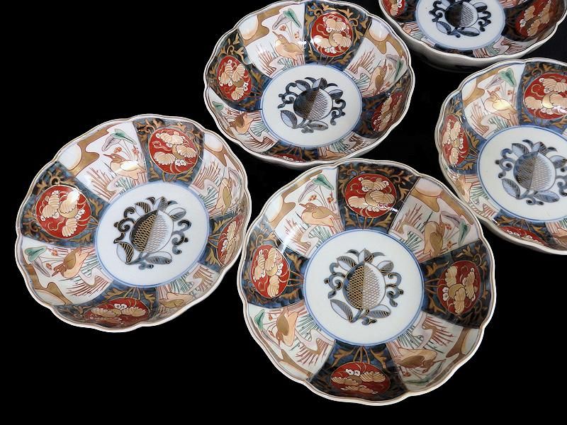 古伊万里 金襴手 若松に梅 舞鶴の図 大振蓋茶碗 2客