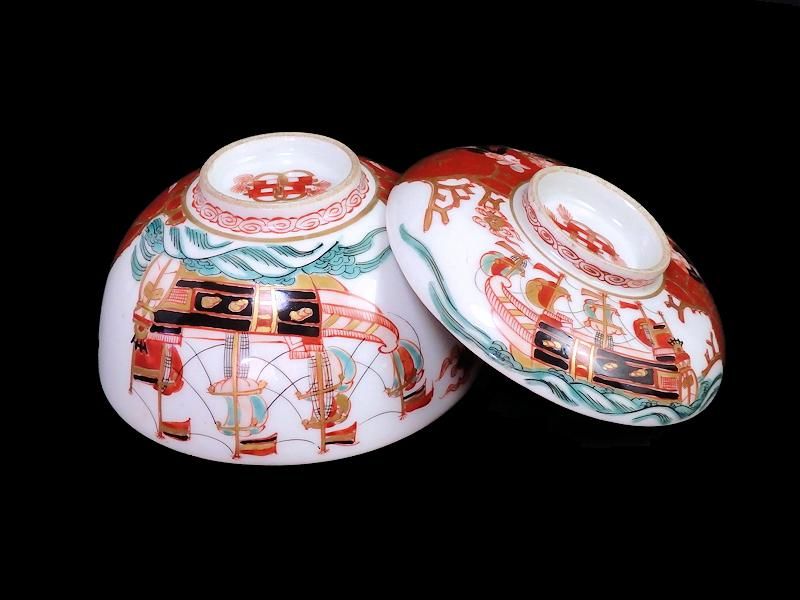 大聖寺伊万里 色絵 五艘船に南蛮人(7人描き)図 大振蓋茶碗 6客セット