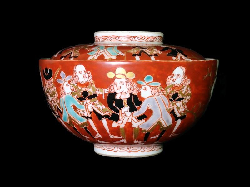 大聖寺伊万里 色絵 五艘船に南蛮人(7人描き)図 大振蓋茶碗 6客セット