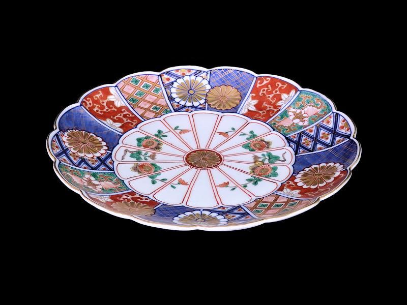 古伊万里金襴手菊花四方襷紋に吉祥紋の図膾皿3客D960AS-BVl