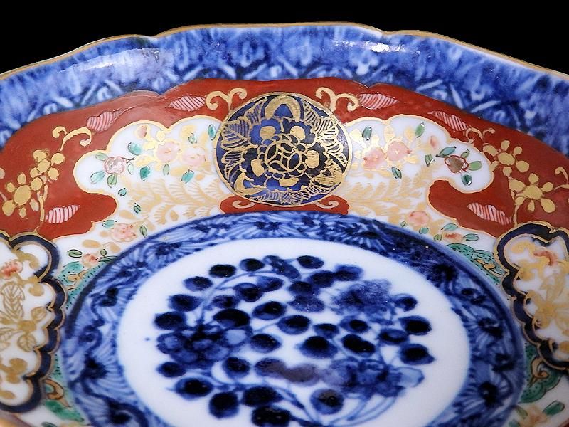 大聖寺伊万里 金襴手 菊花型 牡丹の図 4寸皿 2枚 C457AS-CVs 大聖寺