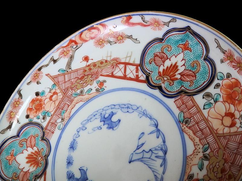 古伊万里 金襴手 垣根に松竹梅 獅子に牡丹図 7寸皿