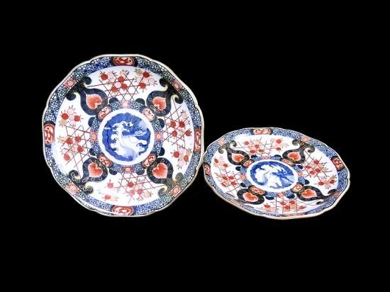 古伊万里 金襴手 垣根に果実 見込団龍図 7寸半皿 2客セット