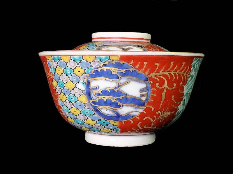 ☆華心☆ EEk-B045 古伊万里 金襴手 竹雀に梅の図 蓋茶碗 5客