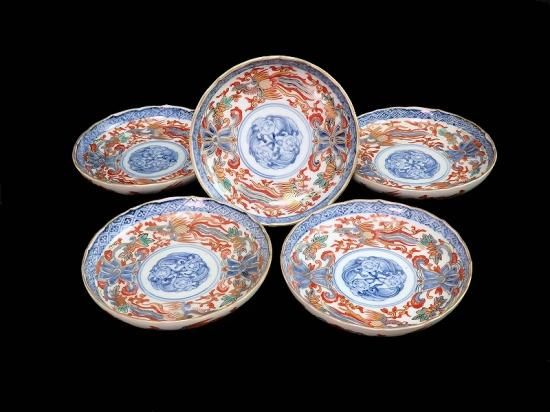 古伊万里 金襴手 百花繚乱 花鳥紋の図 4寸皿 5枚 D511AS-