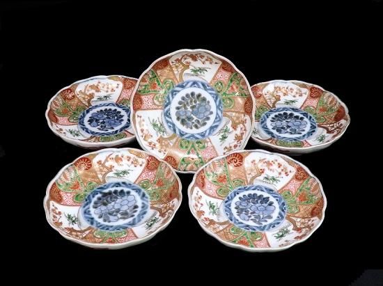 古伊万里 金襴手 牡丹に松竹梅図 4寸皿 5枚セット