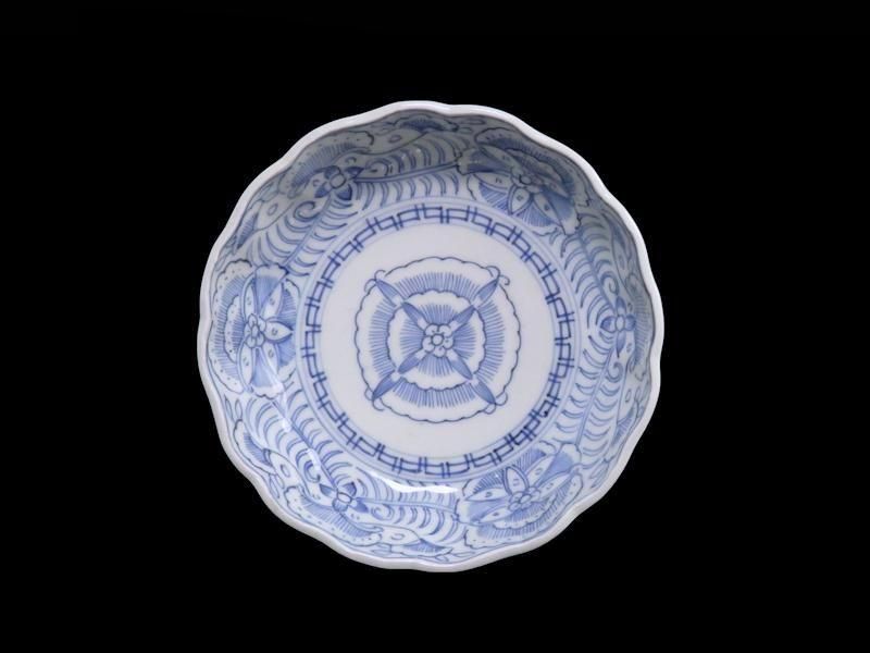 古伊万里 染付 線描クルス紋に花の図 膾皿 3客セット