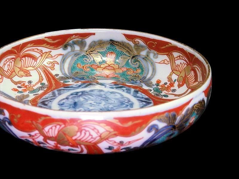 古伊万里 金襴手 窓絵鳳凰に花図 4寸皿