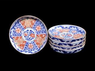 大聖寺伊万里 金襴手 窓絵 松竹梅に牡丹の図 4寸皿 3枚