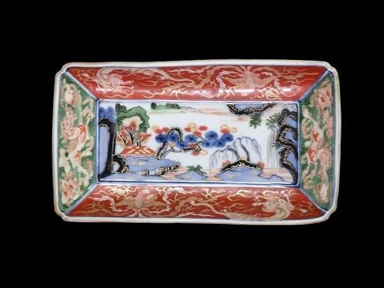 大聖寺伊万里 金襴手 龍に鳳凰 山水紋図 長皿