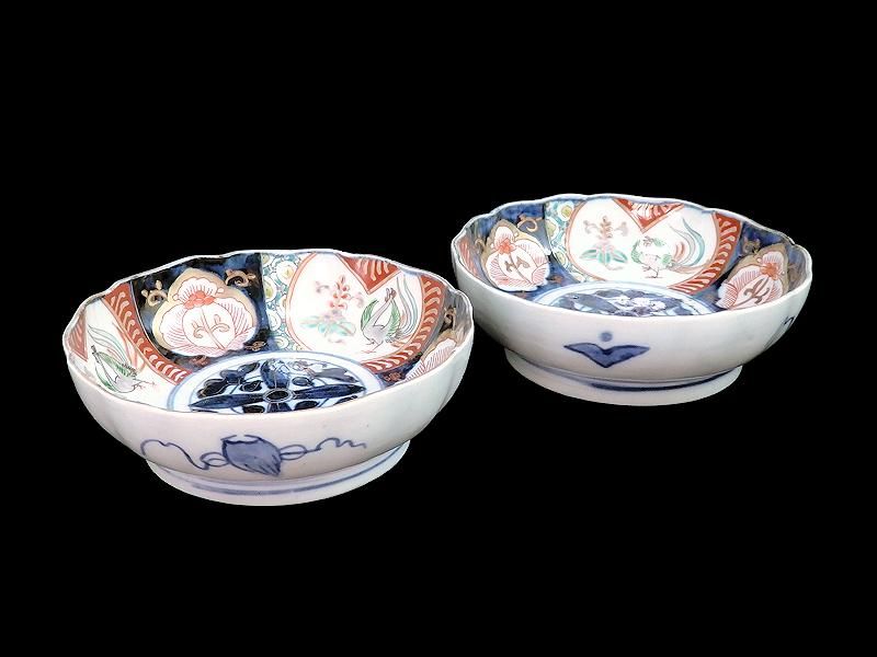 古伊万里 色絵 桐に鳳凰 花の図 膾皿 2客セット