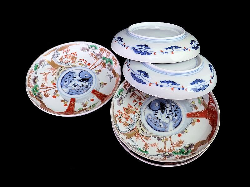 古伊万里 色絵 松竹梅に団龍紋図 5寸皿 5枚ｾｯﾄ