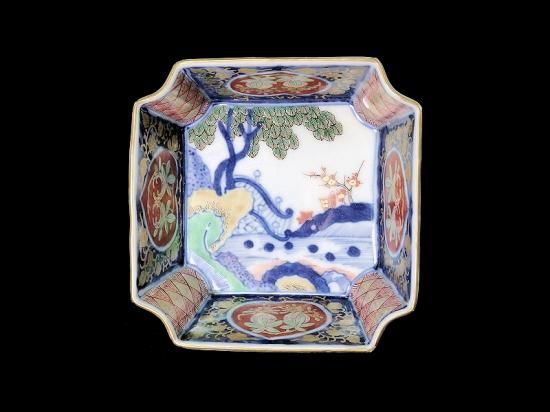 大聖寺伊万里 金襴手 桃に柘榴 大樹に欄干図 四方角向付