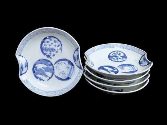 古伊万里 染付 丸紋に松竹梅図 分銅型6寸皿 5枚セット