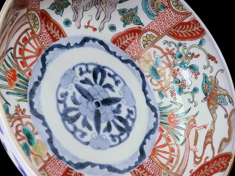 古伊万里 色絵 花鳥紋に獅子の図 深鉢