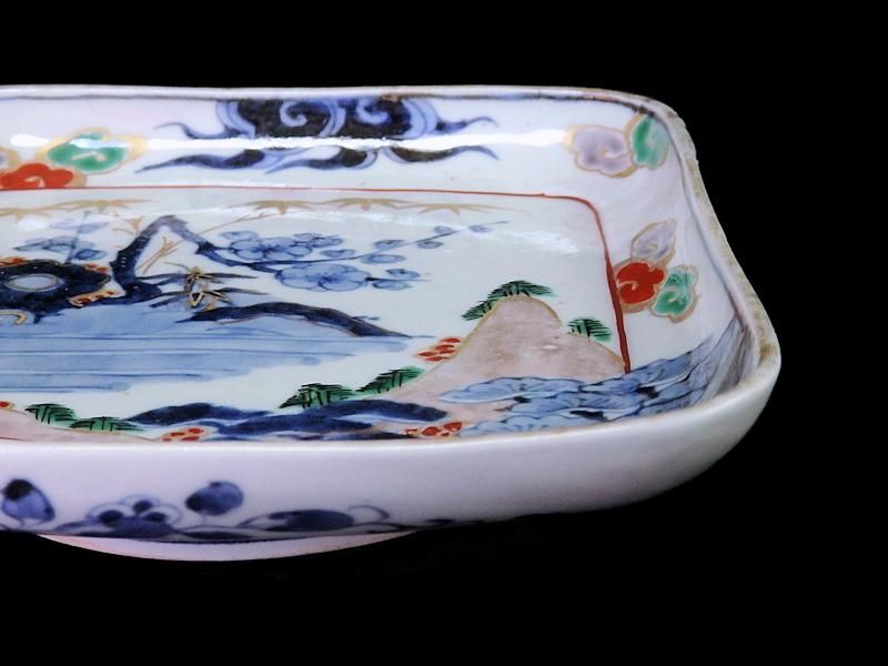 古伊万里 角福 色絵 若松 松竹梅に桃図 八角 なます皿 2客 古伊万里