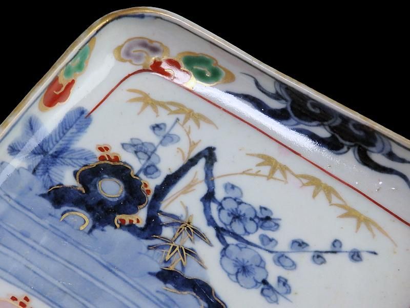 古伊万里 染錦 山水に松竹梅図 角皿