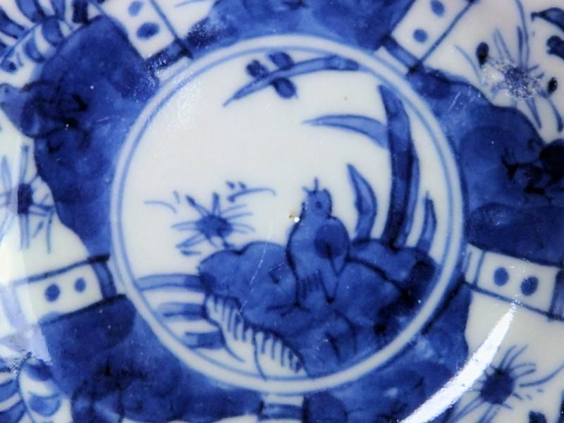 古伊万里 染付 芙蓉手 草花紋に鳥図 豆皿