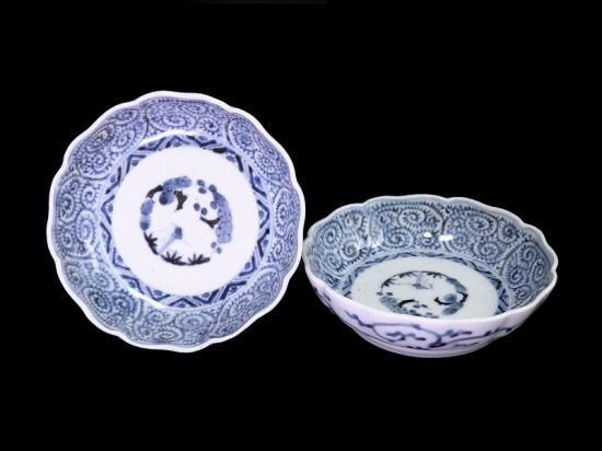 古伊万里 染付 蛸唐草に松竹梅図 膾皿 2客セット 江戸期