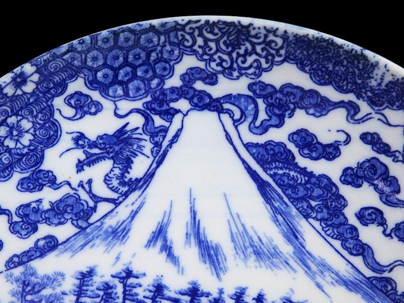 古伊万里 染付 型刷り印判 富士に龍図 5寸皿 2枚セット