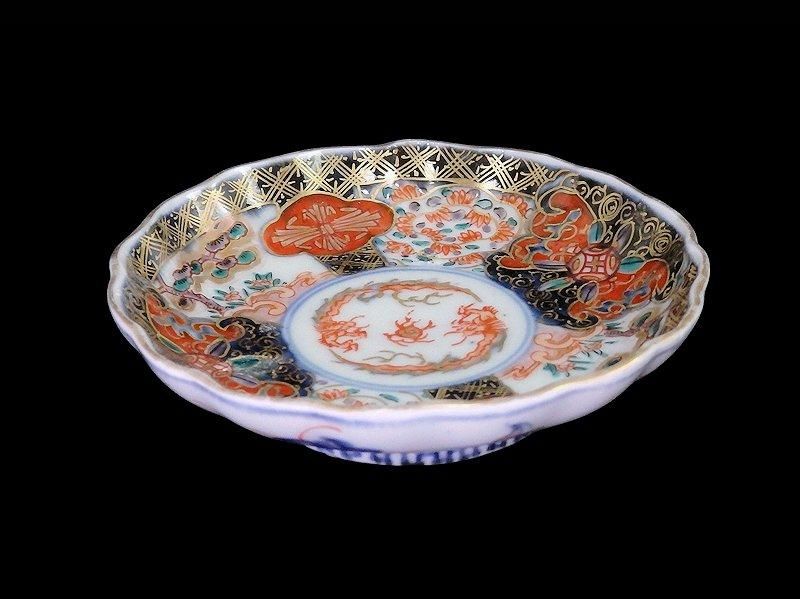 古伊万里 金襴手 宝珠に団龍紋 熨斗に七宝紋図 3寸皿